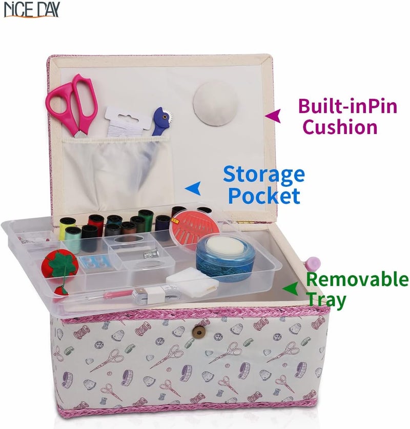 Nice Day Sewing Basket, Classic Fabric Design Sewing Kit Accessories Large Sewing Box Sewing Supplies Organizer and Storage Portable Sewing Kit Embroidery Box, 12.2 x 9.06 x 6.69 in (Big/Cut Theme White) - Image 2